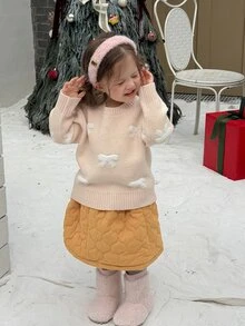 DAZY Infant/Toddler (Girl) Round Neck Long Sleeve Autumn/Winter Bow & Beaded Sweater - White - View 8