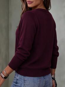 Linhara CURVE Plus Size Women's Solid Color V-Neck Faux Button Front Knit Pullover Sweater, Simple Casual Slim Fit For Autumn/Winter Commute, Office, Christmas, Halloween - Burgundy - View 2
