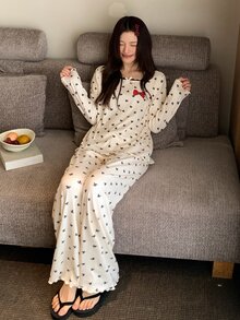 DAZY Women's Bowknot Decor Long Sleeve Top And Long Pants Pajama Set - Beige - View 8