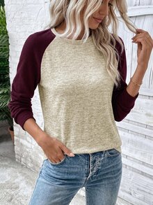 EMERY ROSE Women Contrast Color Round Neck Raglan Sleeve Long Sleeve Casual Sweatshirt, Autumn,Graduation,Teacher,Back To School Pullover Fall - Multicolor - View 4