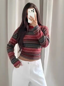 Aloruh Women's Round Neck Long Sleeve Drop Shoulder Striped T-Shirt - Multicolor - View 5