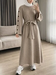 Solavon Women's Solid Color Waist Tie Casual Party Summer Long Dress - Khaki - View 3