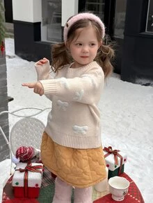 DAZY Infant/Toddler (Girl) Round Neck Long Sleeve Autumn/Winter Bow & Beaded Sweater - White - View 5