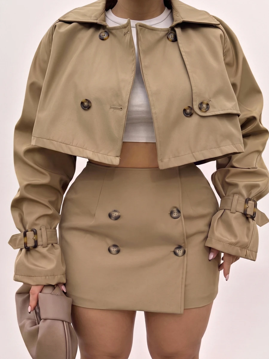 Radiana Áo khoác trench dáng ngắn cài cúc cho nữ size lớn, phong cách dạo phố, dự tiệc và du lịch - màu nâu - Xem 1