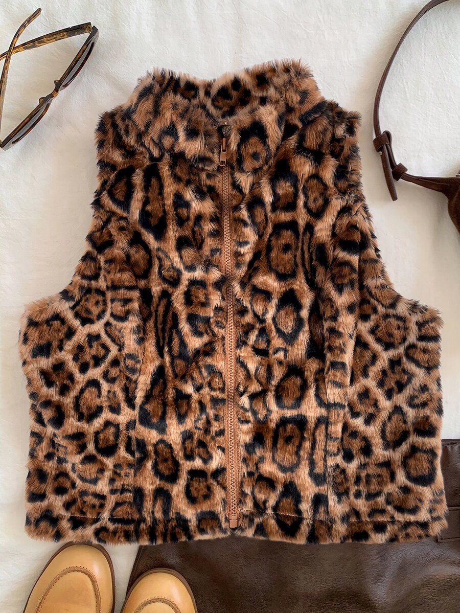SHEIN EZwear 女款休閒復古老錢風 2000 年代初豹紋無袖毛茸茸短版夾克,米色,適合秋冬日常外出與辦公室穿著 - 咖啡棕 - 查看 1