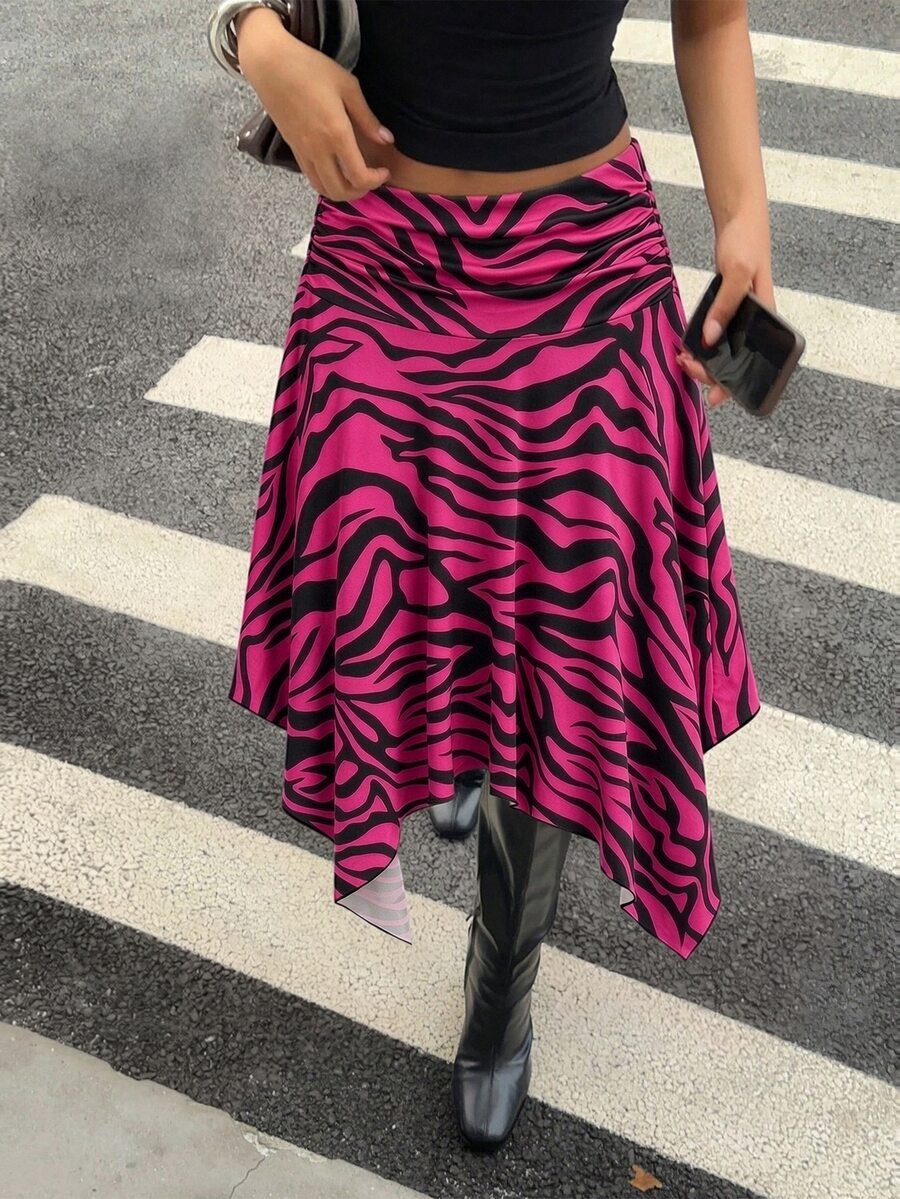 Aloruh 女款秋冬新款低腰不對稱下擺斑馬紋印花裙 文藝復古街頭風 Y2K 服飾 - 玫紅色 - 查看 1