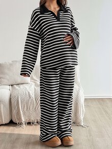 SHEIN 2件組孕婦條紋印花長袖上衣與長褲休閒套裝居家兩件式女款舒適套裝 - 黑色 - 查看 4