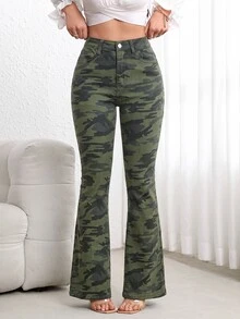 Flexra Women's Casual Versatile Flare Jeans With Pockets - Army Green - View 3