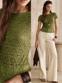 MOTF PREMIUM WOMEN'S WHITE LACE FITTED T-SHIRT, FASHIONABLE COMMUTER STYLE, AUTUMN/WINTER - Green - View 1