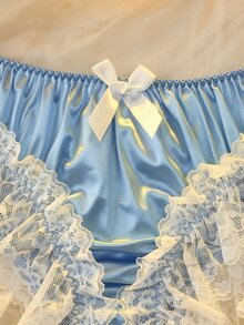DelicateAllure Plus Size Lace Patchwork Bow Decor Sweet Triangle Panties - Blue - View 5