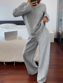 DAZY 2pcs/Set Women's Loose Long Sleeve Top & Straight Leg Long Pajama Pants Sleepwear Set, Autumn/Winter - Grey - View 6