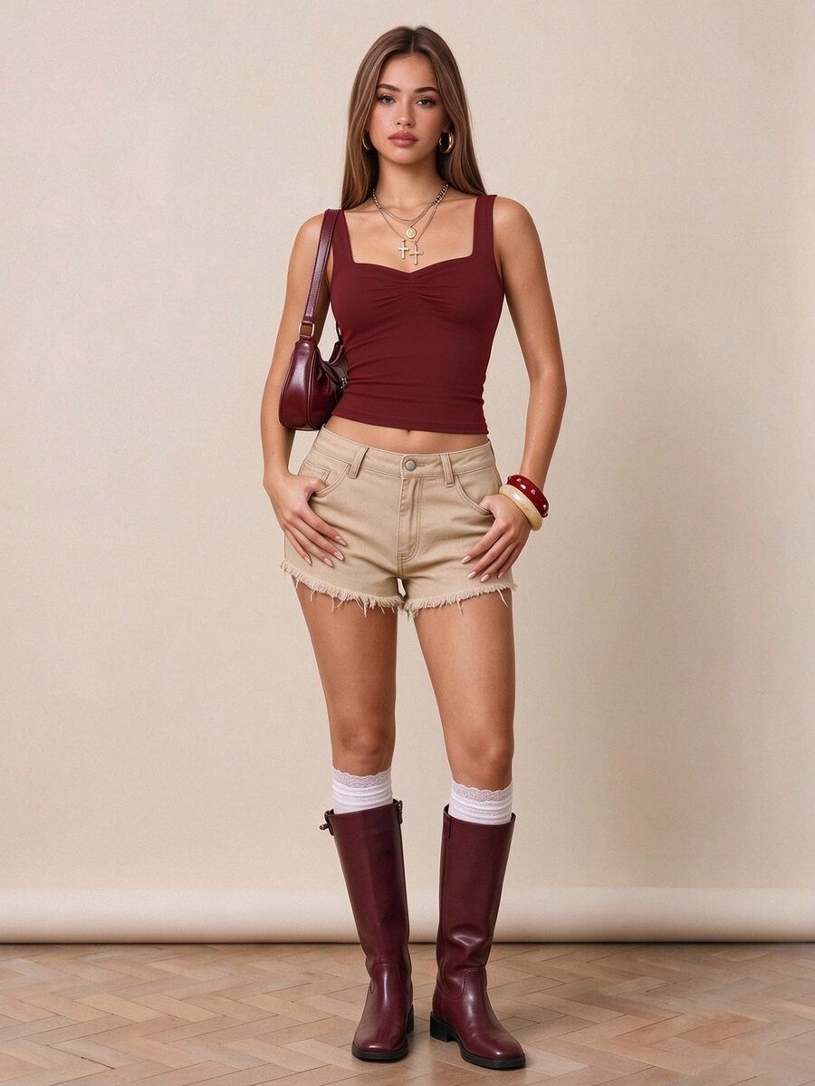 Rina Fox Áo tank top nữ phong cách đường phố xếp nhún - Màu Đỏ Sâu - Xem 1