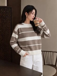 Yumoku Women's Striped Crew Neck Drop Shoulder Long Sleeve Casual Sweater - Grey - View 6