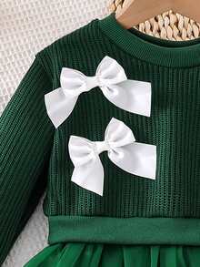 Tween Girls Apricot Knit Petal Sleeve Dress Elegant Bow Star Mesh Dress - Green - View 5
