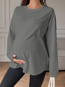 Dazy Maternity تي شيرت حوامل بتصميم بسيط بلون موحد وأكمام طويلة للارتداء اليومي - رمادي - مشاهدة 3