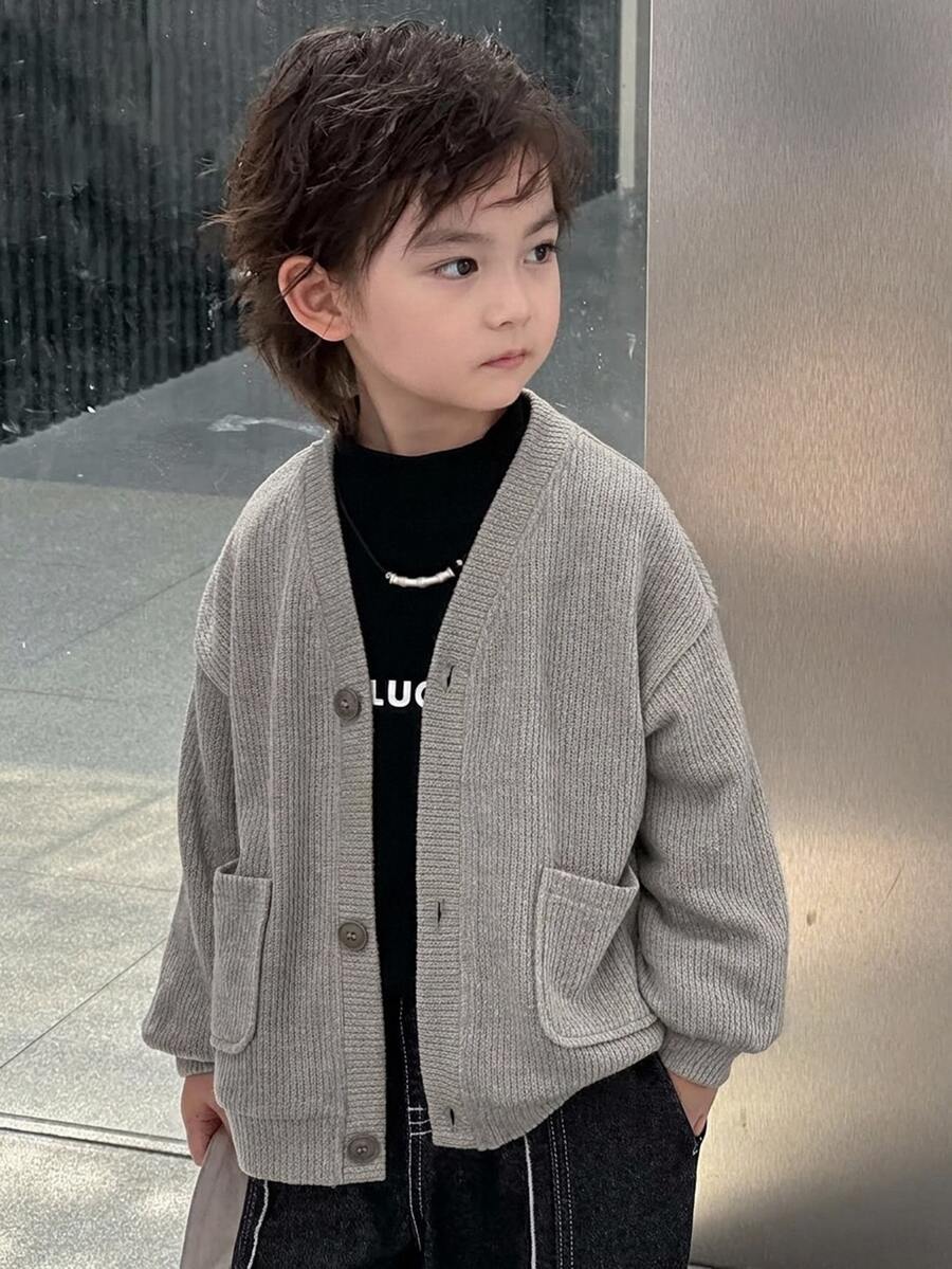 Dazy Kids 兒童秋季男童寬鬆休閒V領針織開襟外套，紋理面料 - 淺灰色 - 查看 1