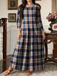EMERY ROSE Women's Plus Size Vintage Casual Plaid Print Round Neck Long Sleeve Pocket Dress, Suitable For Autumn Daily Indoor And Outdoor Wear - Multicolor - View 3