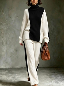 Elenzga Women's Contrast Color High Neck Knit Sweater & Wide Leg Pants Set, Loose Fit Ribbed Knit Two Pieces Outfit, Slouchy, Autumn/Winter - Black and White - View 8