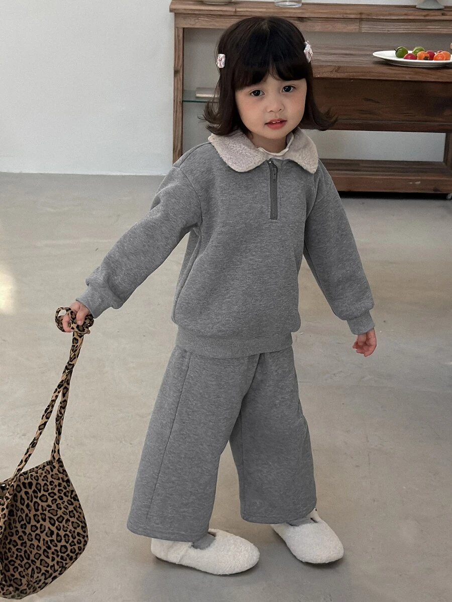 Dazy Kids Infant (Girl) Contrast Color Lapel Long Sleeve Korean Style 2 Pieces Sweatshirt Set - Grey - View 1