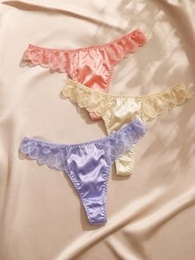 Charlaine 3pcs Multi-Color Lace Patchwork Satin Satin Romantic French Elegant Exquisite Women's Thong Panties For Vacation, Wedding, Daily Wear - Multicolor - View 5