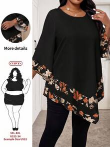 SHEIN CURVE+ Women's Plus Size Geometric Print Round Neck Casual Versatile Everyday Shirt Fall, Winter 2026 22W - Black - View 6