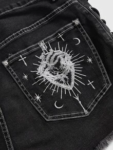 ROMWE Goth 大尺碼深色哥德風愛心刺繡口袋圖案抽繩設計迷你超短牛仔短褲 - 黑色 - 查看 4