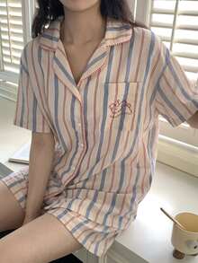 DAZY 2pcs Striped Loose Short Sleeve Cardigan Top & Short Pajama Pants Set Women's Sleepwear - Beige - View 11