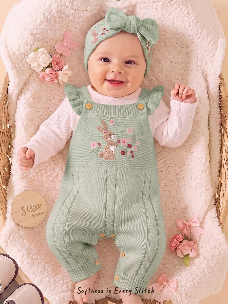 Cozy Pixies Baby Girls' Knitted Romper, Embroidered Rabbit & Floral Pattern, Long Autumn Winter Pants - Mint Green - View 1