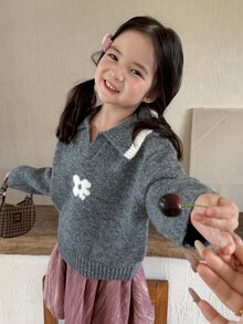 Dazy Kids Young Girls Floral Jacquard Half-Open Collar Design Pullover Sweater - Grey - View 4
