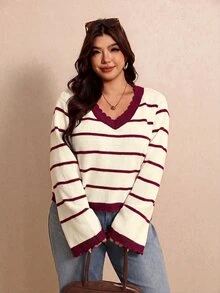 Elaquor 大尺碼女款 V 領拼接色休閒柔軟顯身形日常辦公正式套頭毛衣 全身白色 秋冬款 - 彩色 - 查看 5