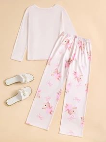 SHEIN 2件組青少年女孩居家服長袖套頭上衣與長褲套裝，粉色，蝴蝶結可愛芭蕾貓圖案，四季皆宜 - 粉色 - 查看 2