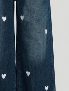 SHEIN Denimly 女孩寬鬆版型淺藍白配色寬腿牛仔褲，可愛愛心刺繡，柔軟彈性腰頭，秋季返校校園街頭風 - 深色水洗藍 - 查看 8
