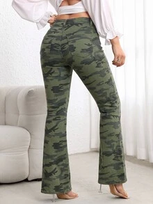 Flexra Women's Casual Versatile Flare Jeans With Pockets - Army Green - View 4