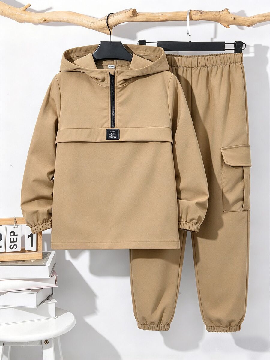 SHEIN 青少年男孩 2件套-拉鍊連帽外套與抽繩長褲,休閒運動風,適合秋冬兒童 - 卡其色 - 查看 1