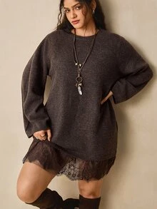 Nubod Casual stickad klänning för kvinnor i plus size med spets och patchwork - Brun - Visa 3