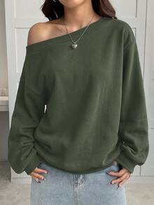 SHEIN EZwear 女款深棕色寬鬆保暖內裡不對稱肩領衛衣，秋冬早午餐休閒穿搭 - 軍綠色 - 查看 4