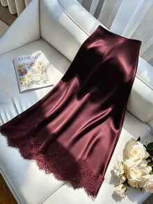 GlowEve CURVE Women's Plus Size Solid Color Satin Ruched A-Line Midi Skirt, Slimming Gentle Style, Spring/Summer Ruched Midi Skirt For Commute/Date, Elegant Commute Style Skirt, Fashionable Elegant Design, Suitable For Daily Wear, Commute, Date, Party, Home Leisure, Afternoon Tea, Outdoor Picnic - Burgundy - View 5