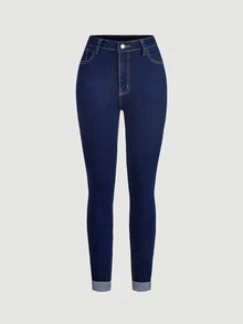 EMERY ROSE Spring High Waist Ripped Slant Pocket Skinny Jeans - Dark Wash - View 4