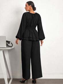 MaterniWear Maternity Solid Color Pleated Long Sleeve Top And Adjustable Waistband Pants Casual Daily 2 Pieces Set Fall - Black - View 5