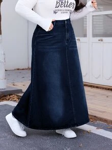 SHEIN EZwear 大尺碼牛仔迷你裙，適合夏季女款休閒裙 - 深色水洗藍 - 查看 6
