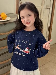 Dazy Kids Young Girl Polka Dot Casual Fairy Princess Pullover Loose Long Sleeve Autumn Thermal Lined Deer Pattern Sweatshirt Christmas 7th Birthday - Navy Blue - View 7