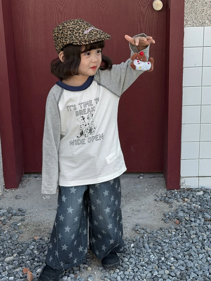 Dazy Kids Infant/Toddler (Girl) Round Neck Colorblock Cartoon Print Korean Style Spring/Autumn Long Sleeve Top - Grey - View 1