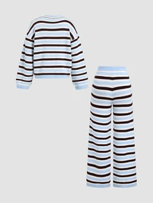 Autumina Women's Autumn/Winter Lazy Fashion Casual Home Wear Striped Sweater 2 Pieces Set - Multicolor - View 2