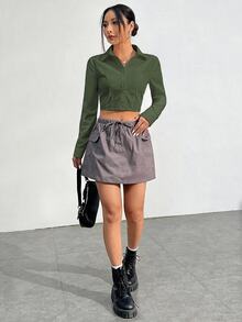 SHEIN EZwear Women's Army-Green, Textured-Weave, Slim-Fit, Cropped Long-Sleeve Shirt For Autumn/Winter - Army Green - View 5