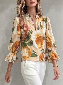 RosyDaze Vintage Oil Painting Floral Print Stand Collar V-Neck Blouse, Atmospheric Double Layer Ruffle Lantern Sleeve Vacation Top - Khaki - View 4