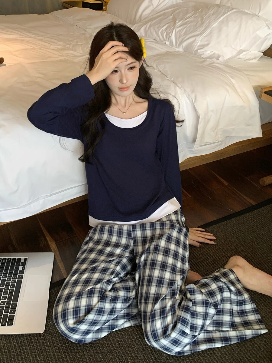 DAZY 2pcs/Set Women's Colorblock 2 In 1 Loose T-Shirt & Plaid Straight Leg Long Pajama Pants Sleepwear Set - Navy Blue - View 1