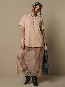 Freevana 大尺碼波希米亞復古風黑色蕾絲洋裝，優雅百搭日常穿著，春季新款派對女裝，網紗透視長洋裝，適合秋季 - 卡其色 - 查看 6