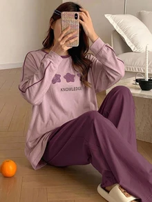 DAZY 極簡星星印花寬鬆短袖上衣與長褲 2 件組女款居家休閒服 - 紫色 - 查看 1