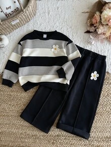 SHEIN 女童小女孩 3D 花卉裝飾條紋長袖運動衫與運動長褲休閒套裝 粉色冬季上衣 秋季服飾 - 黑色 - 查看 4