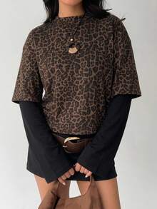 Aloruh Women's Round Neck Casual Leopard Print Pullover Fitted T-Shirt With Patchwork, Y2K Leopard Print T-Shirt - Multicolor - View 3